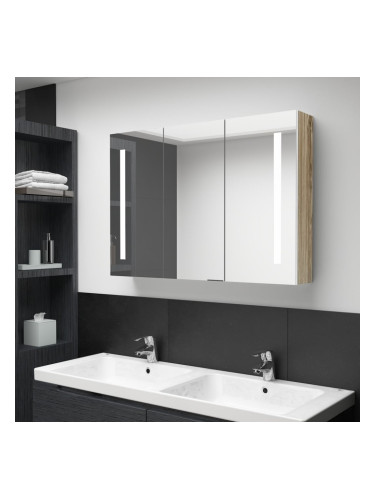 Sonata H LED шкаф с огледало за баня, 89x14x62 см, бяло и дъб