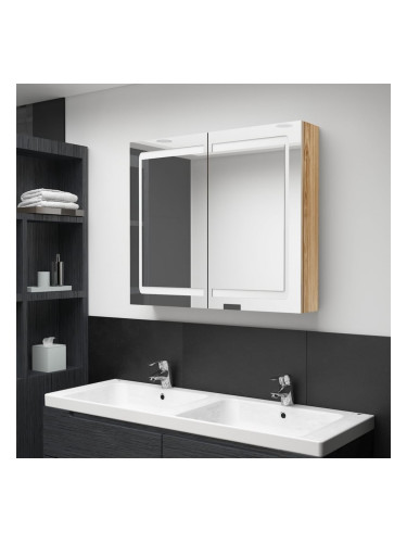 Sonata H LED шкаф с огледало за баня, цвят дъб, 80x12x68 см