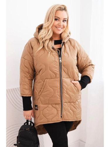 Kesi Włoski Plus Size women's winter quilted jacket with a hood camel