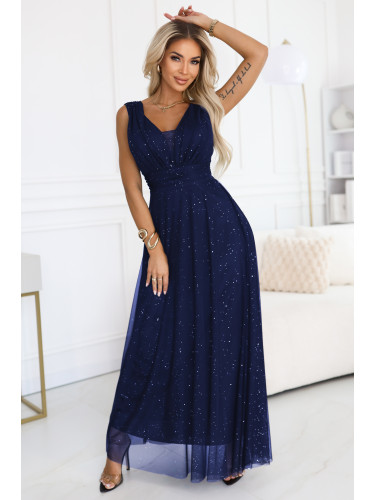 637-3 Long evening dress with a brocade accent and a deep neckline - navy blue