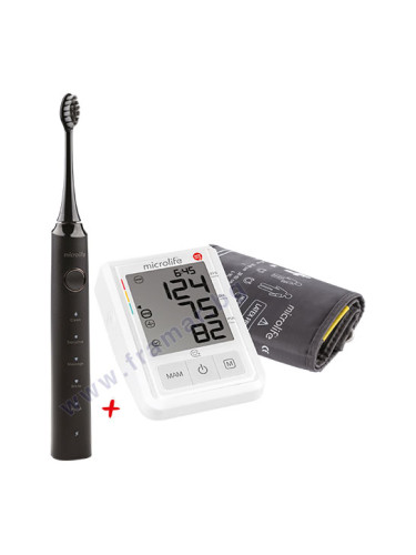 КОМПЛЕКТ ЕЛЕКТРОНЕН АПАРАТ ЗА ИЗМЕРВАНЕ НА КРЪВНО НАЛЯГАНЕ MICROLIFE BP B3 AFIB + ЗВУКОВА ЕЛЕКТРИЧЕСКА ЧЕТКА ЗА ЗЪБИ MICROLIFE CLEAN S5 ЧЕРНА