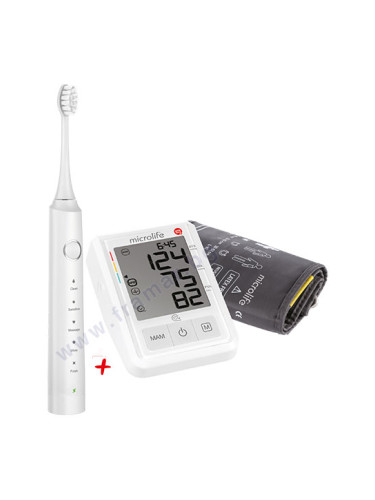 КОМПЛЕКТ ЕЛЕКТРОНЕН АПАРАТ ЗА ИЗМЕРВАНЕ НА КРЪВНО НАЛЯГАНЕ MICROLIFE BP B3 AFIB + ЗВУКОВА ЕЛЕКТРИЧЕСКА ЧЕТКА ЗА ЗЪБИ MICROLIFE CLEAN S5 БЯЛА
