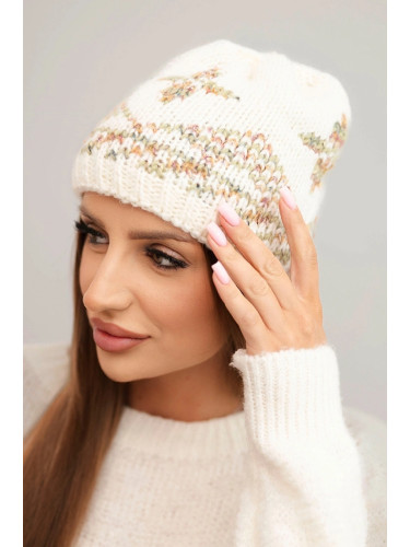 Kesi Women's winter hat made of wool with a colorful pattern K478 ecru