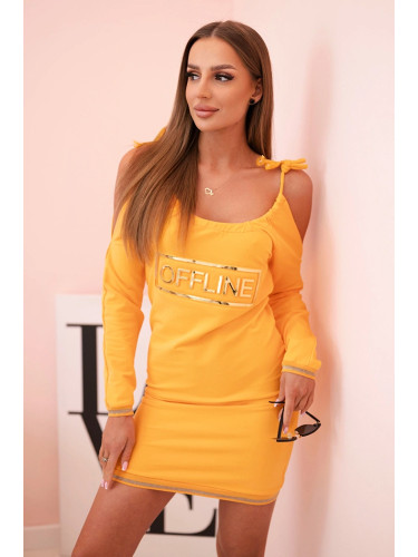 Kesi Women's cotton dress with off-the-shoulder design and OFFLINE print mustard