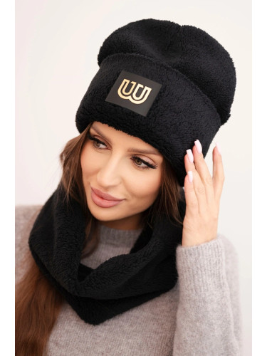 Polski Women's fleece set hat and neck warmer with decorative patch black
