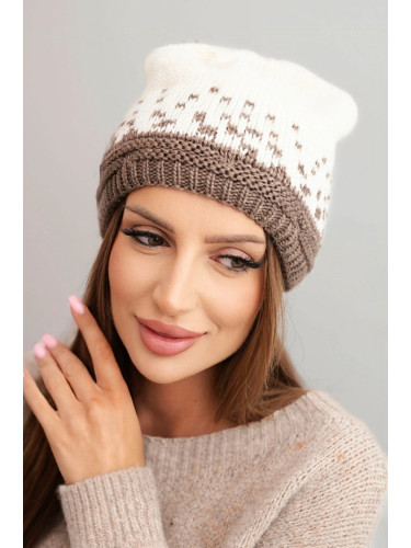 Kesi Women's winter wool hat with geometric pattern K477 ecru + mocca