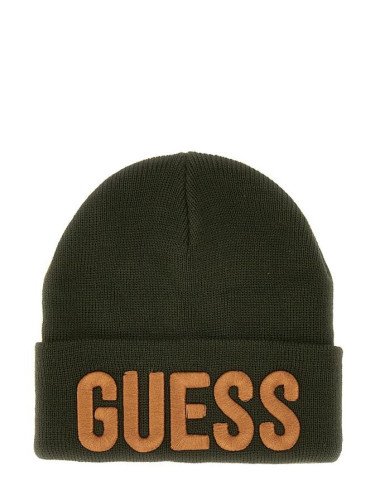 Бебешка зимна шапка в тъмнозелен цвят и оранжев надпис Guess