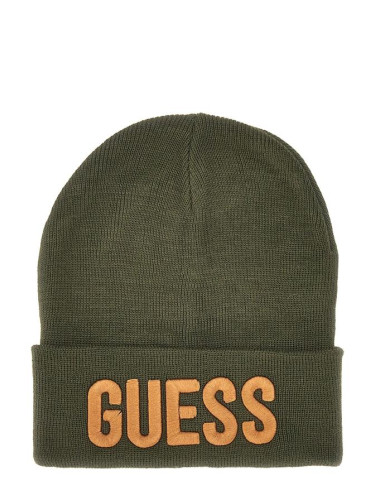 Детска зимна шапка в тъмнозелен цвят и оранжев надпис Guess