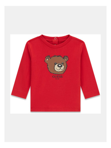 Бебешка изчистена блуза с мече в червен цвят Guess