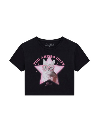 Детска блуза в черен цвят с щампа на котка Guess