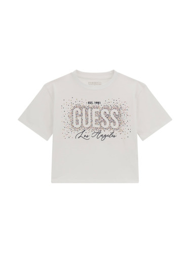 Детска блуза в бял цвят с камъчета и бродирано лого Guess