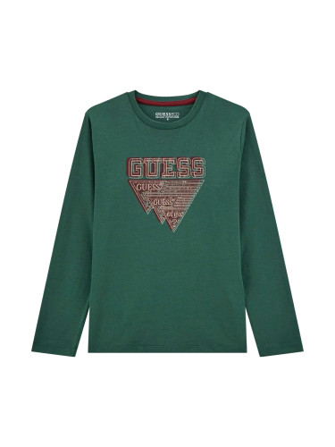 Детска блуза в тъмнозелен цвят с щампа и надпис Guess