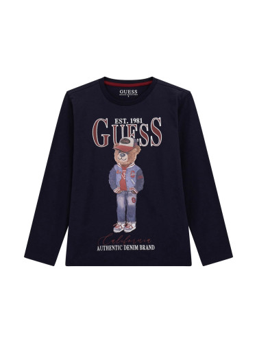 Детска блуза в тъмносин цвят с щампа мече и надпис Guess