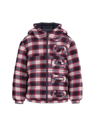 Детско яке с качулка на каре с релефен надпис Guess