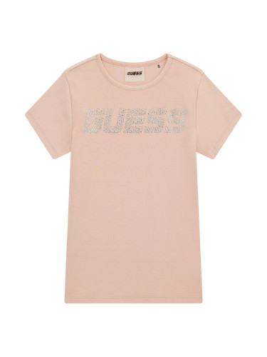 Детска блуза в цвят пудра с камъчета и надпис Guess