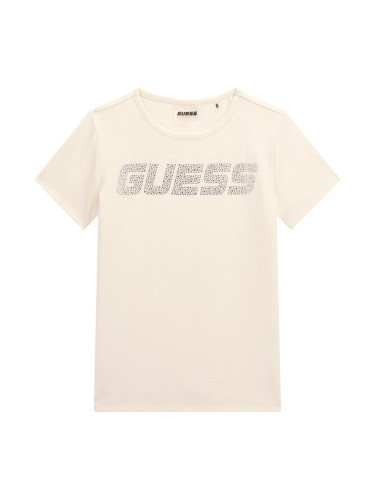 Детска блуза в бял цвят с камъчета и надпис Guess