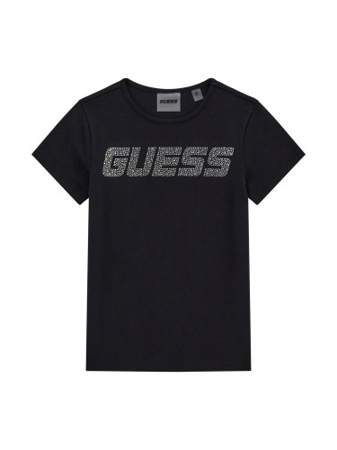 Детска блуза в черен цвят с камъчета и надпис Guess