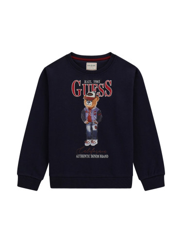 Детски суишърт в тъмносин цвят с щампа мече и бродиран надпис Guess