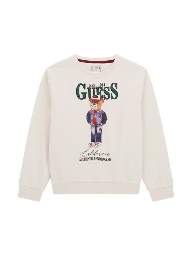 Детски суишърт в бял цвят с щампа мече и бродиран надпис Guess