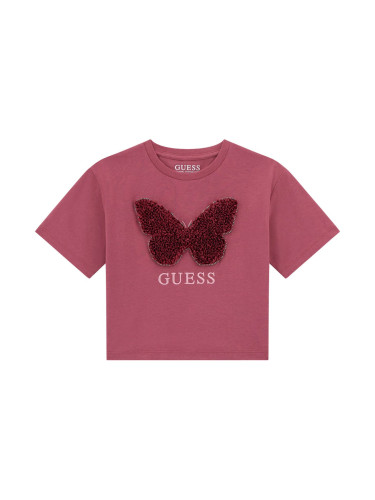 Детска блуза в розов цвят с релефна пеперуда и надпис Guess