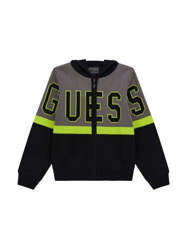 Детски суитшърт с цип и качулка в черен цвят с надпис Guess