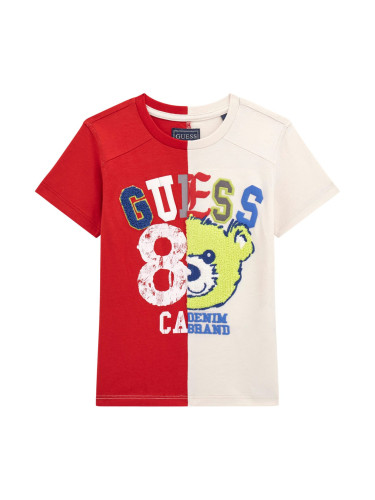 Бебешка тениска с щампа мече в червен и бял цвят Guess