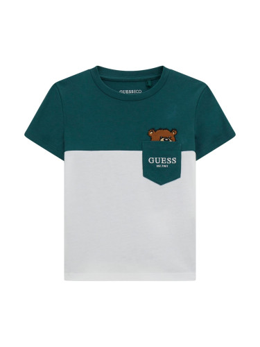 Детска тениска в тъмнозелен цвят с бродирано мече и надпис Guess