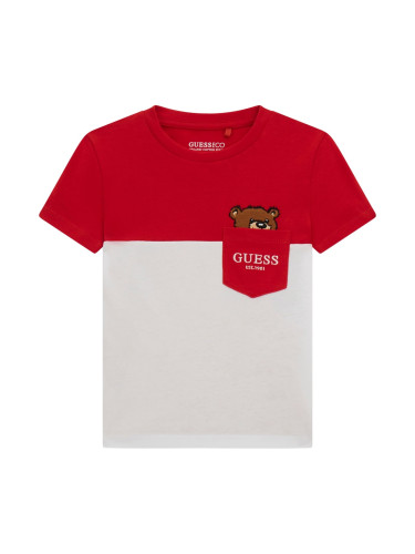 Бебешка тениска в червен цвят с бродирано мече и надпис Guess