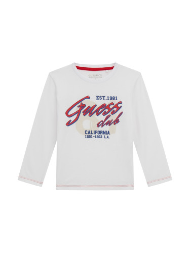 Бебешка бяла блуза с дълъг ръкав и червен надпис Guess