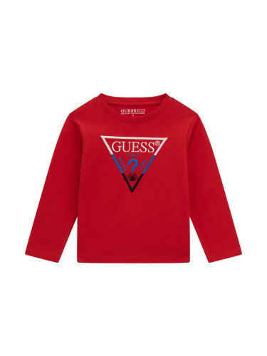 Бебешка блуза в червен цвят с бродирано цветно лого Guess
