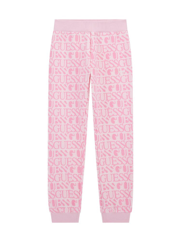 Детско спортно долнище в светлорозов цвят с надписи Guess
