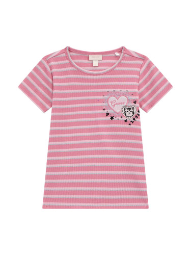 Детска рипсена тениска на райе в розов цвят с бродерии Guess
