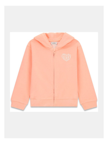 Детски суитшърт с цип и качулка в цвят праскова с бродерия Guess