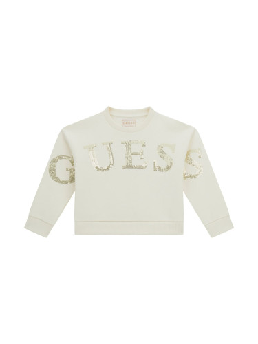 Детски суитшърт в цвят ванилия със златни пайети и надпис Guess