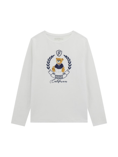 Детска блуза в бял цвят с щампа мече и лого Guess