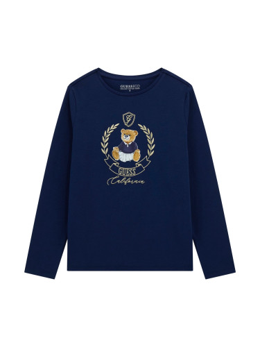 Детска блуза в тъмносин цвят с щампа мече и лого Guess