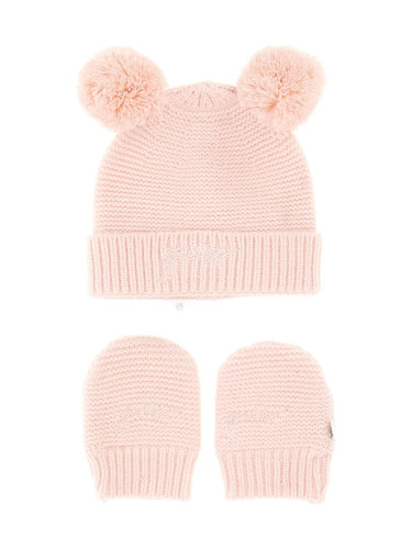 Бебешки плетен комплект шапка и ръкавици в розов цвят Guess