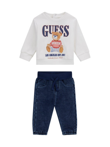 Бебешки комплект от дънки и блуза в бял цвят с мече Guess