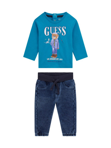Бебешки комплект от блуза с дълъг ръкав в син цвят и панталон Guess