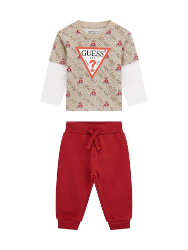 Бебешки комплект от блуза с дълъг ръкав в бежов цвят и червен панталон Guess