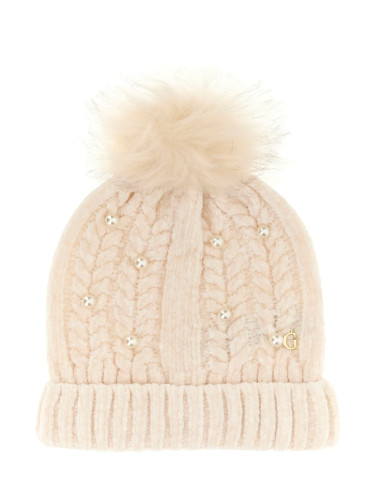 Зимна плетена шапка с помпон и перли в бежово Guess