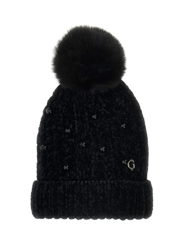 Зимна плетена шапка с помпон и перли в черен цвят Guess