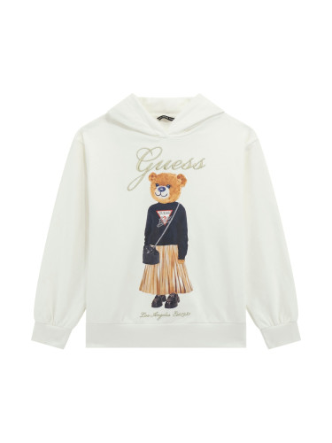 Детски бял суитшърт с качулка и щампа с мече Guess