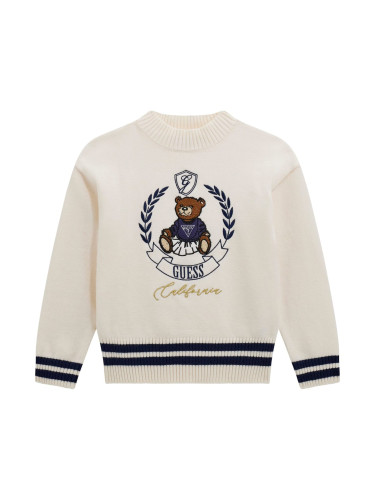 Детски плетен пуловер в цвят екрю с бродирано лого с мече Guess