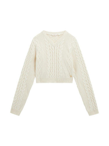 Изчистен детски пуловер с шпиц деколте в цвят екрю Guess