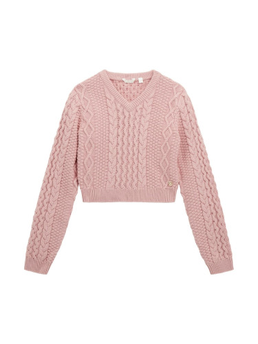 Изчистен детски пуловер с шпиц деколте в цвят пудра Guess