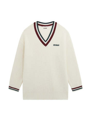 Детски пуловер в бял цвят с цветно шпиц деколте Guess