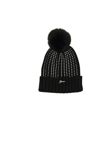 Детска шапка в черен цвят с камъни и помпон Guess