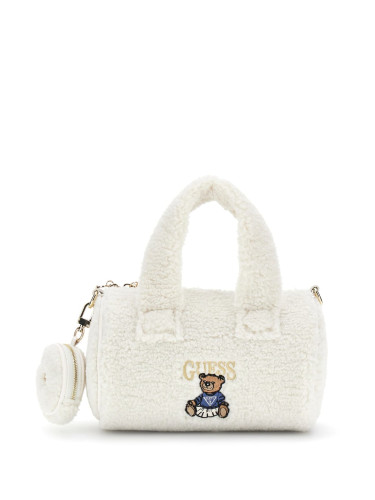 Детска чанта с пух и бродирано мече във ванилов цвят Guess