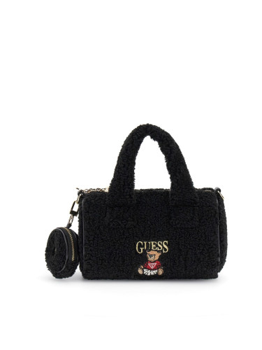 Детска чанта с пух и бродирано мече в черен цвят Guess